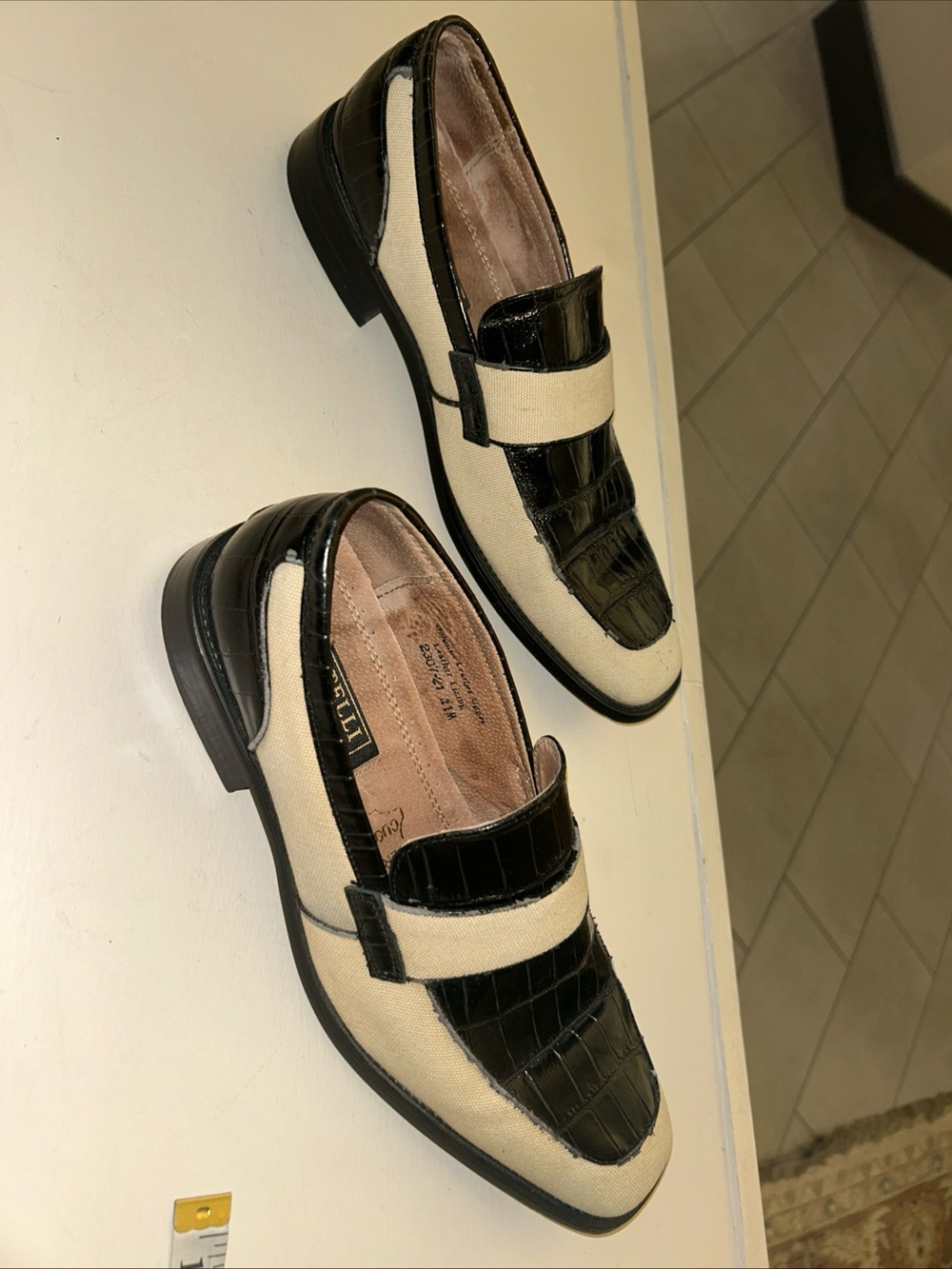Fratelli Select Two-Tone Black Croc-Embossed and Cream Canvas Loafers11M